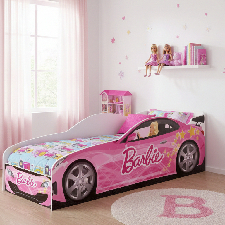 Cama Juvenil Carro Barbie Rosa  Em MDF com Adesivo