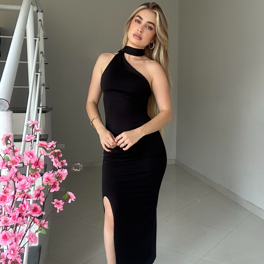 Vestido Feminino Longo Festa Um Ombro Só Gola Alt