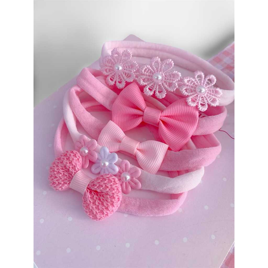 Kit Maternidade Bebês 5 Faixinhas Tons Rosa Tiara