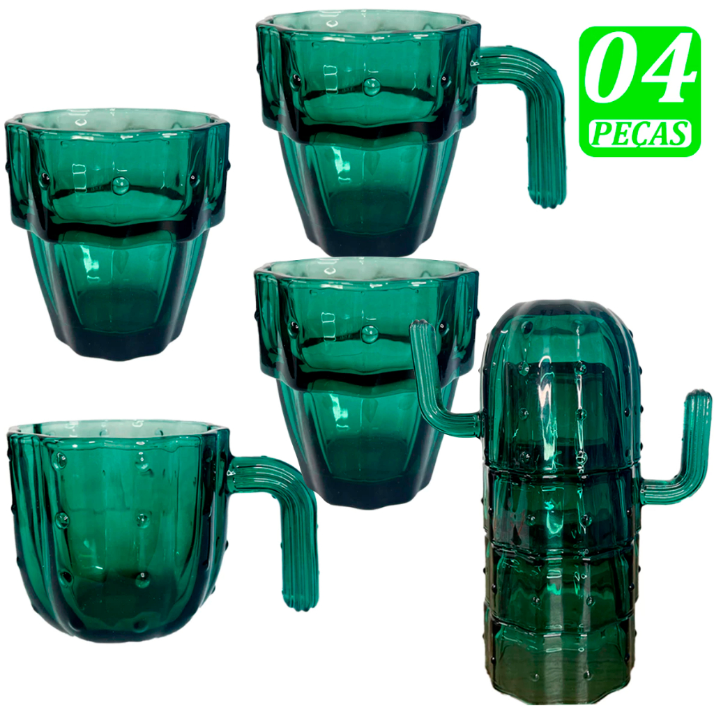 Kit Jogo 04 Copos Cactus 240 ml Vidro Verde Elegan