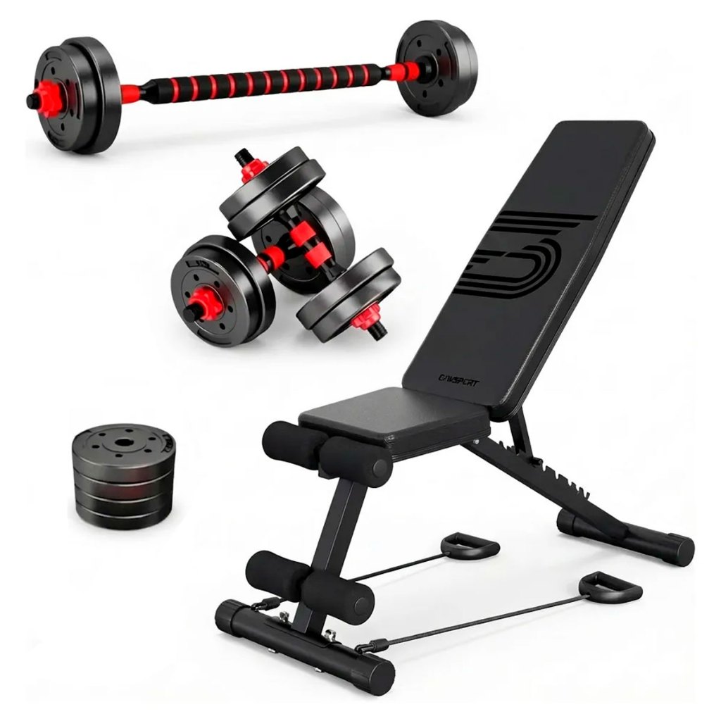 Banco Supino Musculação com Kit Halteres Barras 