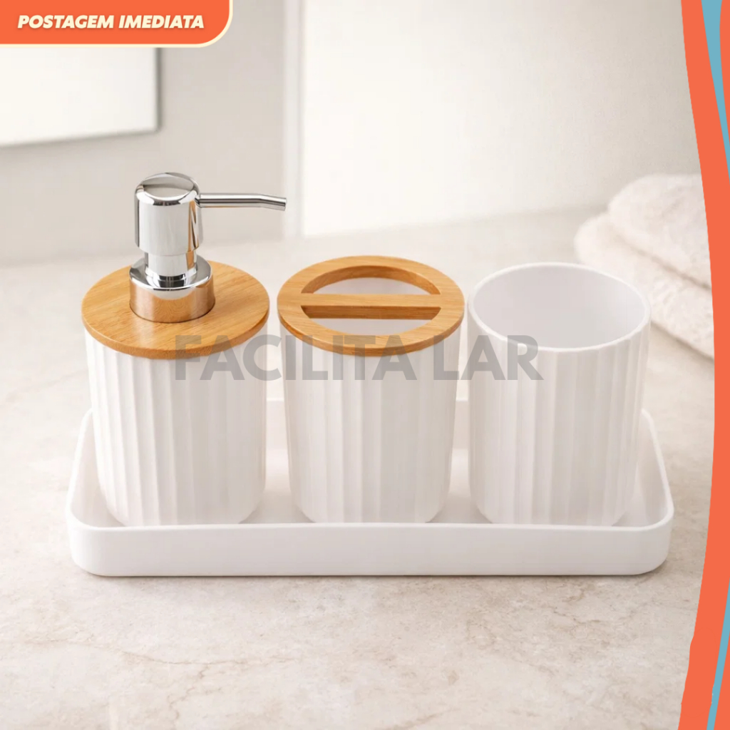 Conjunto Banheiro 4 Peças Branco com Bambu  Dispe