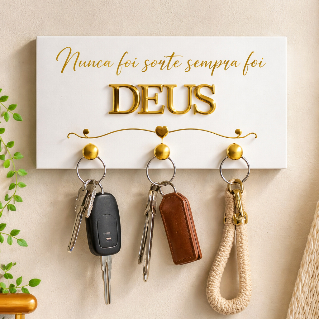 Porta Chaves Decorativo Frase Deus Em MDF Branco C
