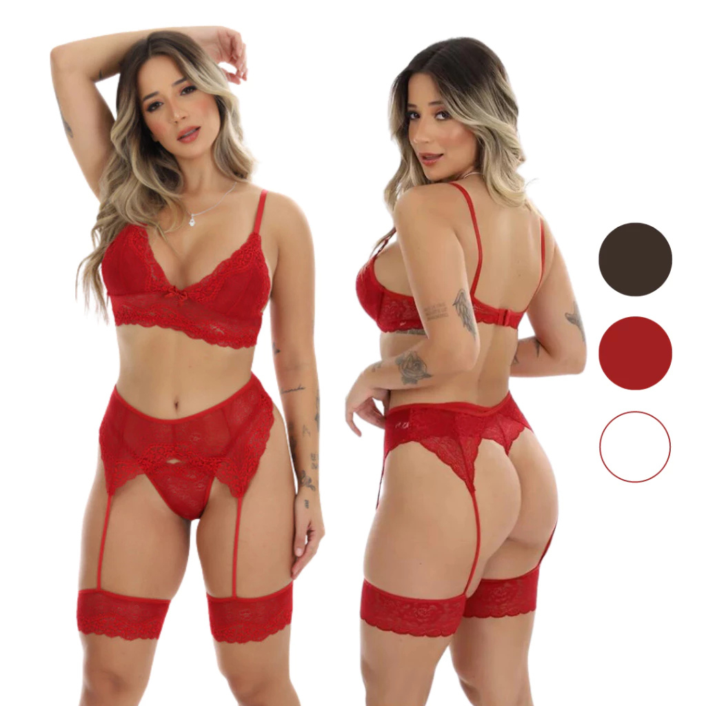 Conjunto Sexy de Renda Calcinha e Sutiã + Cinta L