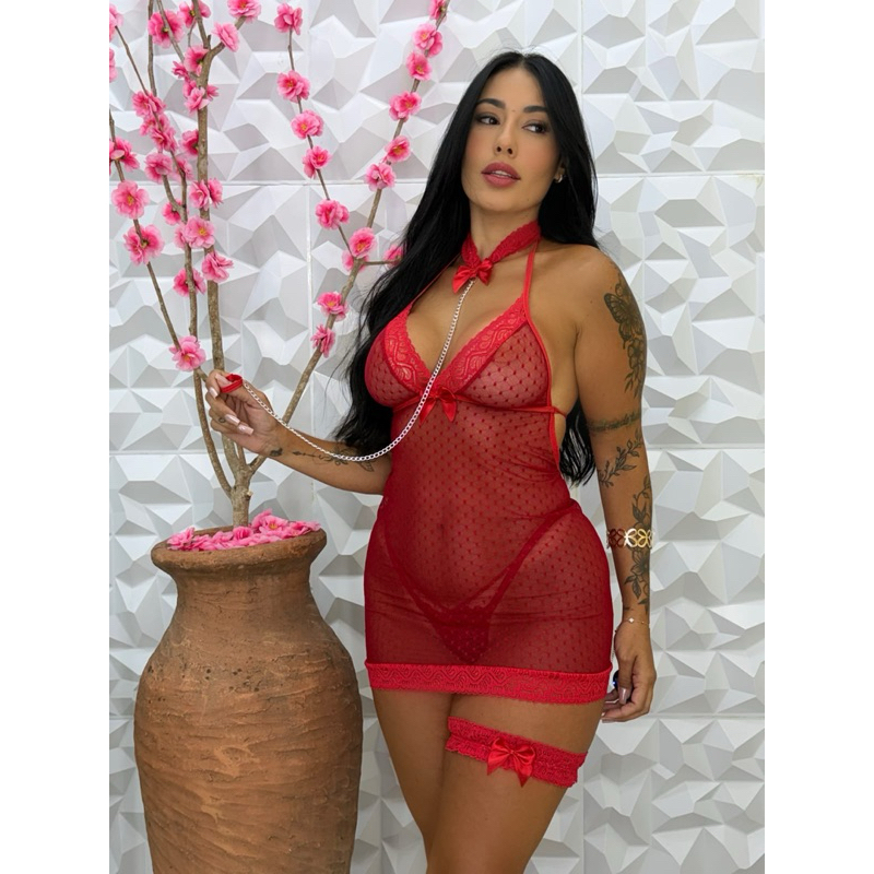 Conjunto Feminino Renda e Tule com Coleira, Pernei