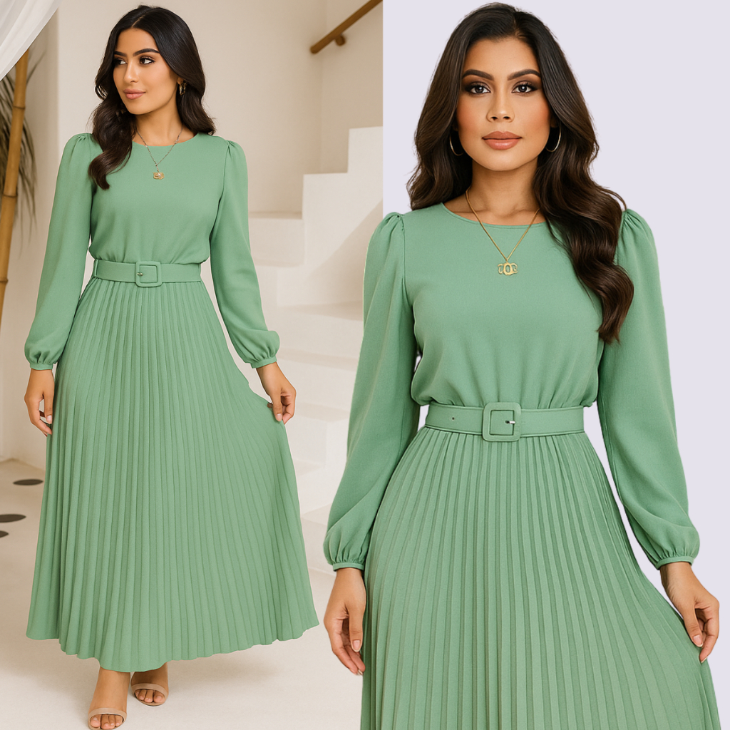 Vestido Evangélico Forrado Manga Longa Plissado C