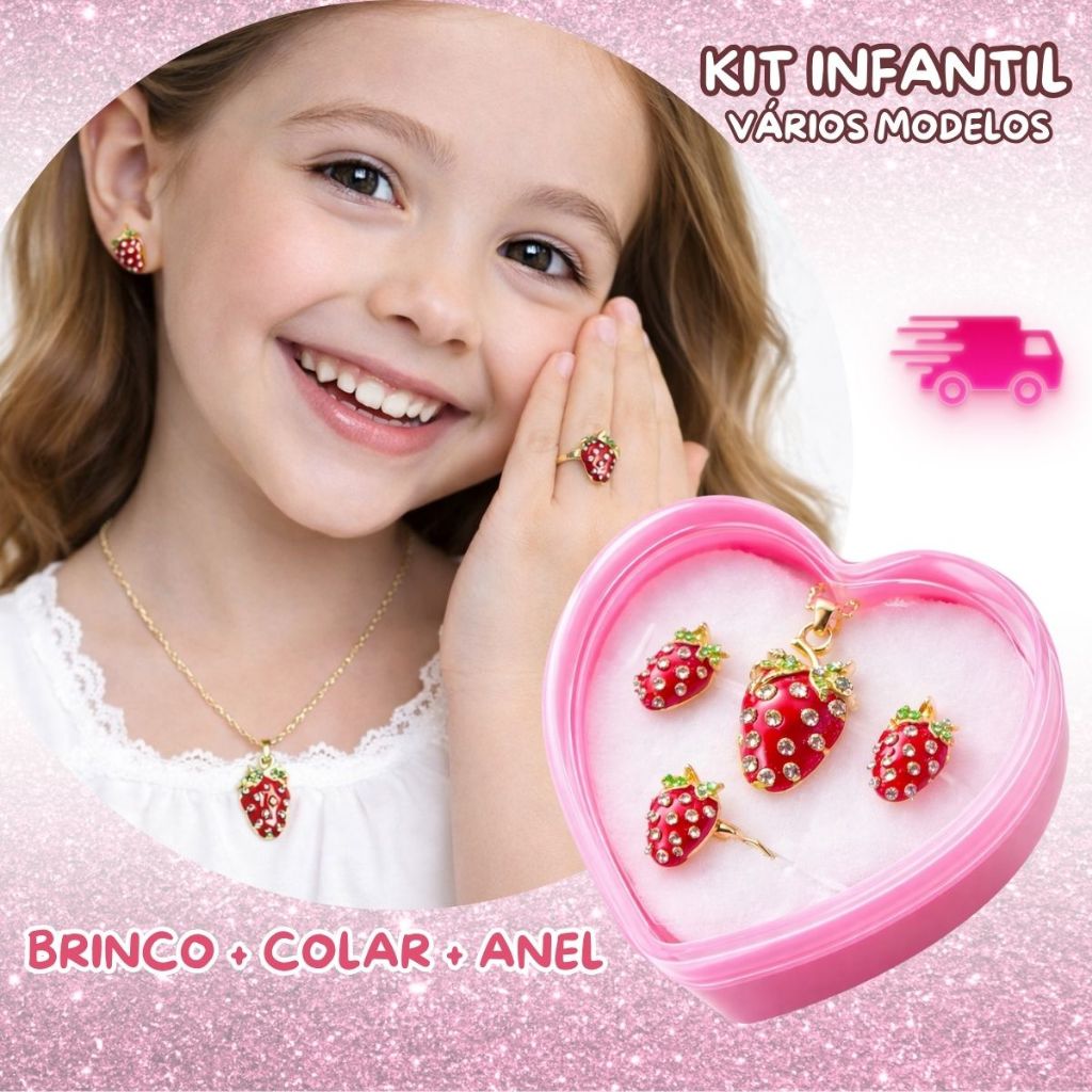 Kit Colar e Brincos e Anel Infantil Menina Bijuter