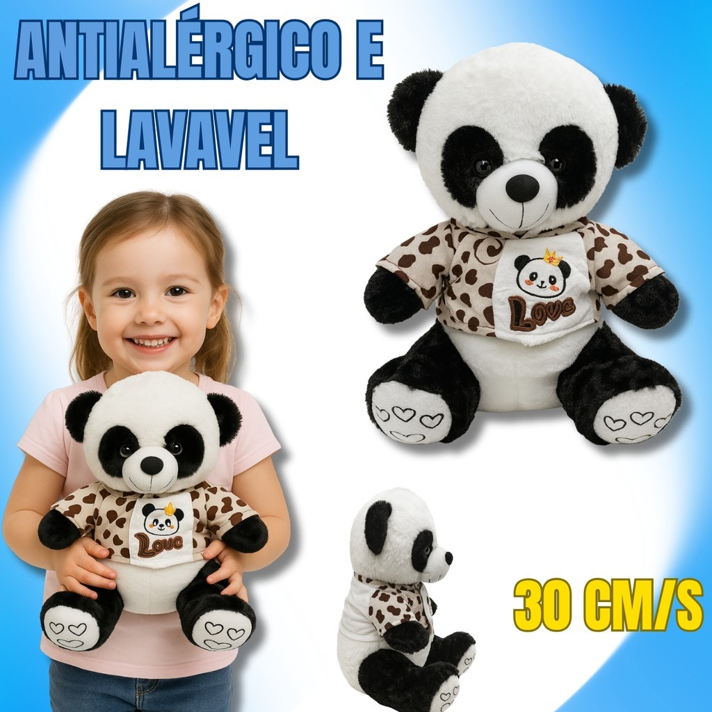 Urso Panda de Pelúcia 30 cm com Camiseta Love  Su