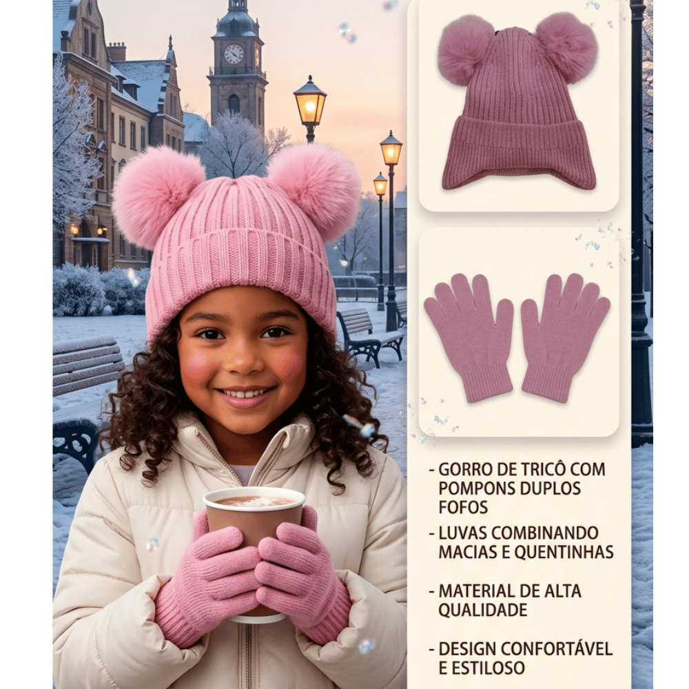 Kit Touca e Luvas Infantil 4 a 8 anos Inverno Frio