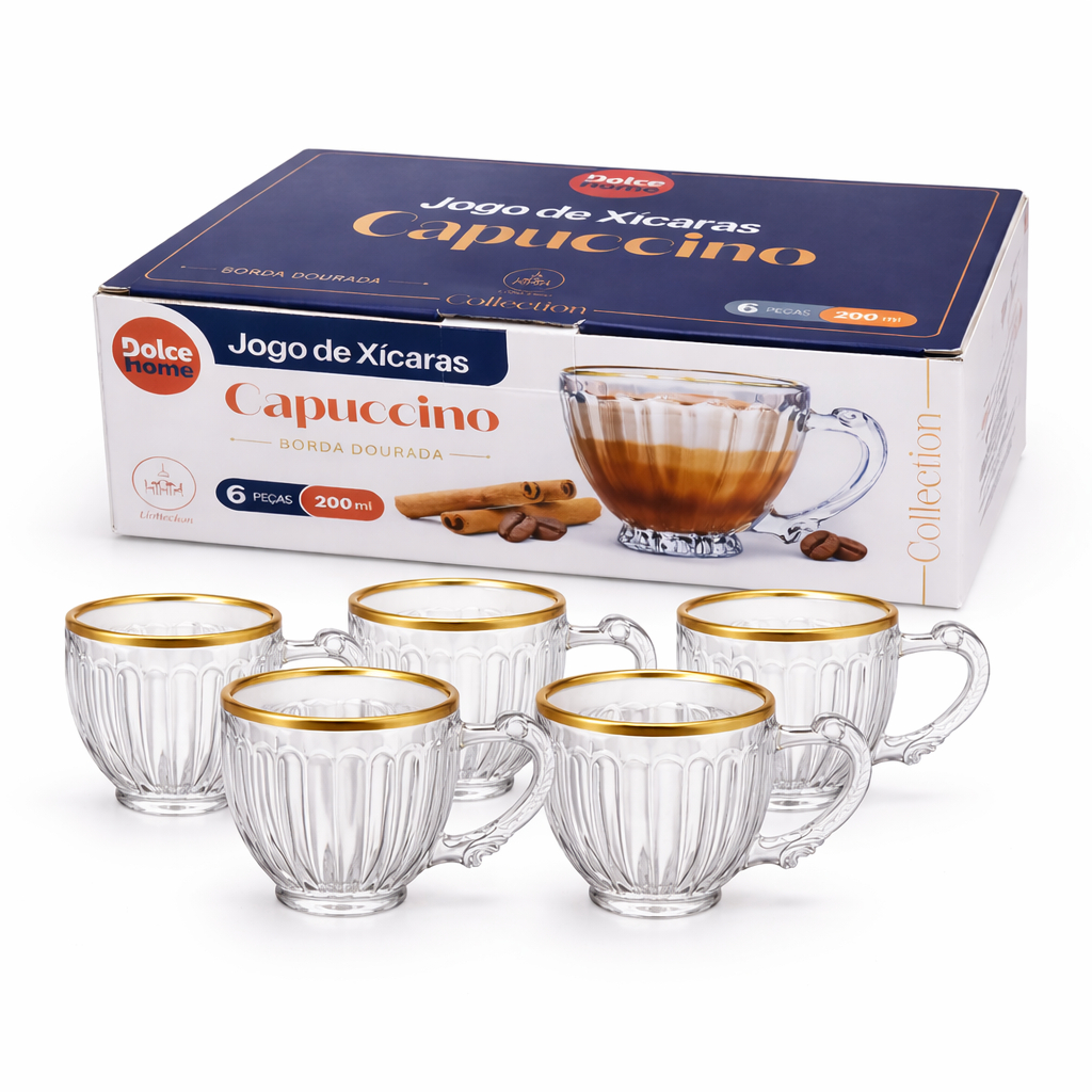 Jogo De 6 Xícaras Capuccino 200Ml Borda Dourada L