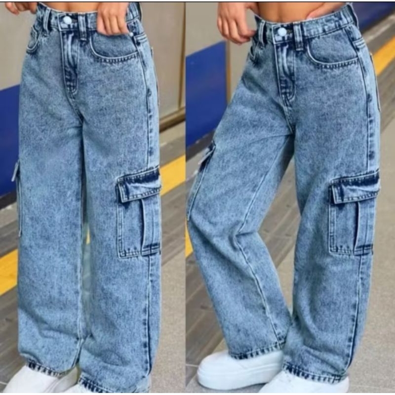 calça jeans Cargo widleg boca larga infantil juve