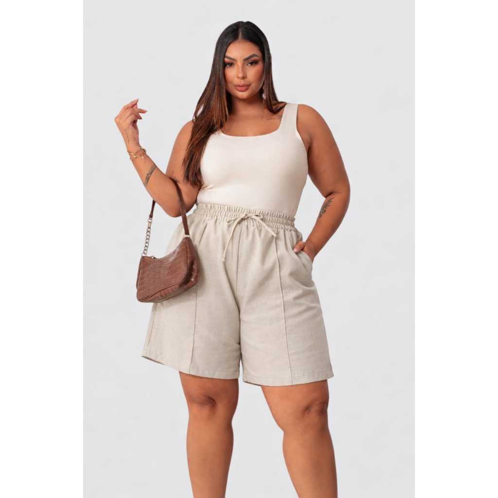 Short Feminino Plus Size  Linho Bermuda Cintura Al