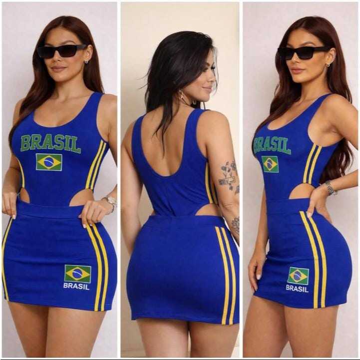 Conjunto Feminino Brasil Body Cavado e Saia Roupa 