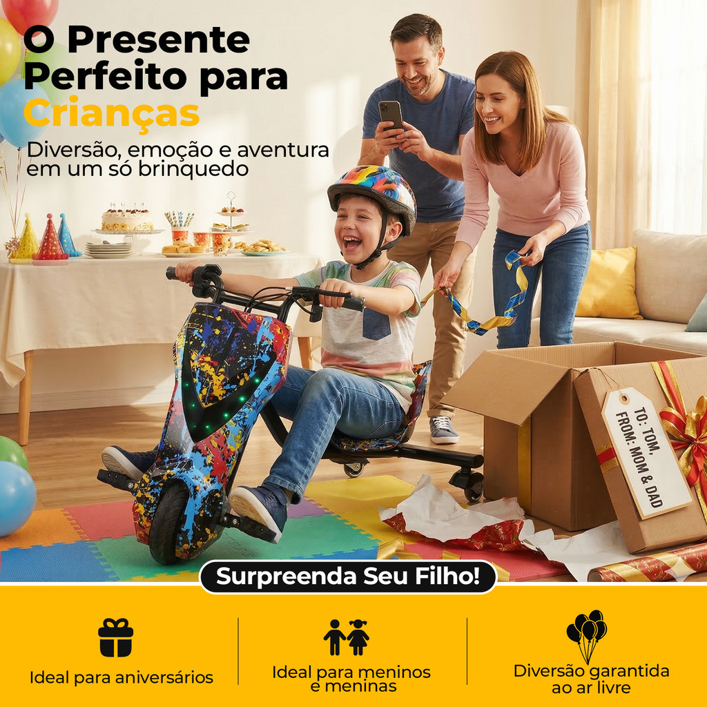 Triciclo Elétrico Drift Infantil LED 350W 3 Veloc