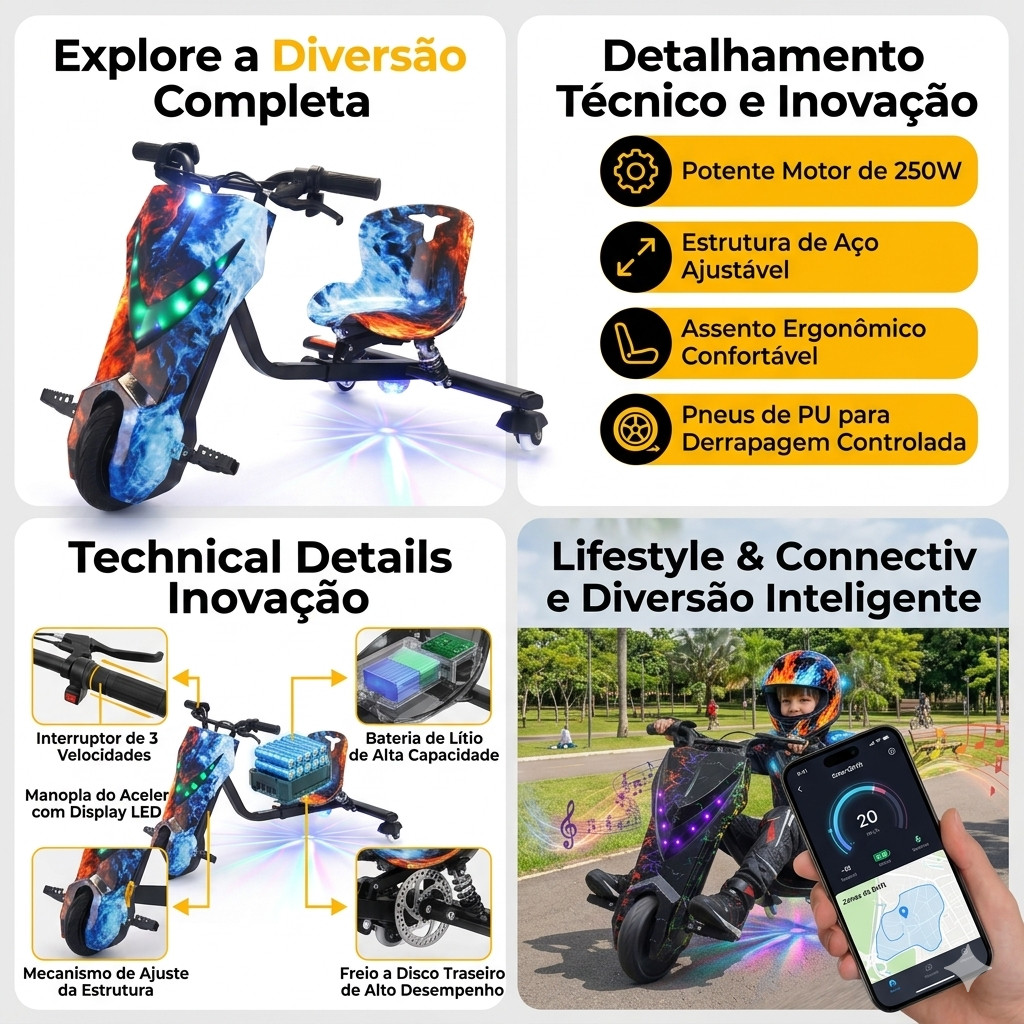 Triciclo Elétrico Drift Infantil 8 Polegadas LED 