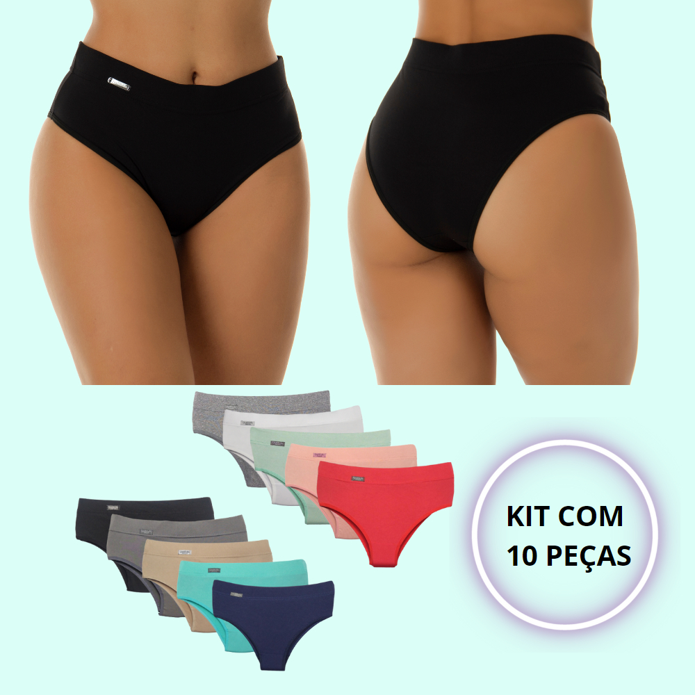 Kit 10 Calcinha Calçola Cintura Alta Microfibra L