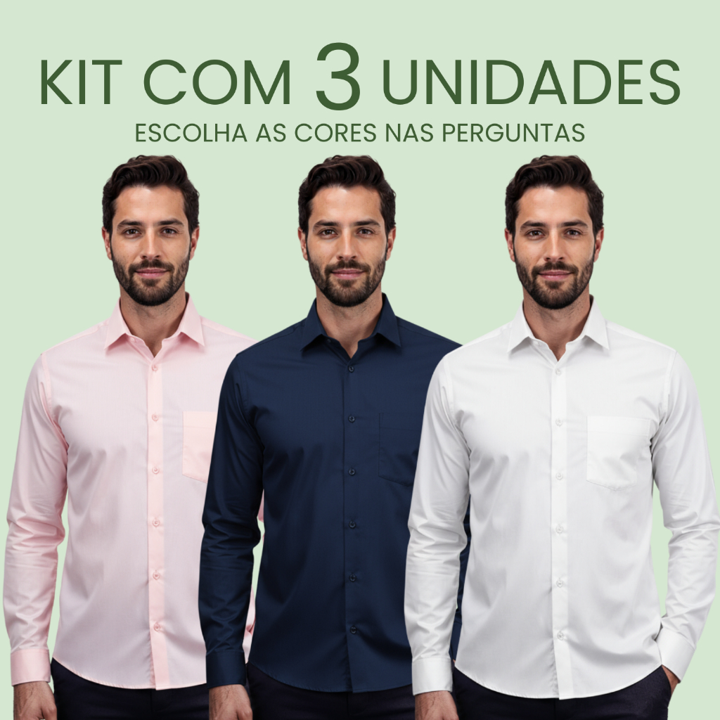 Kit 3 Camisa Social Masculina Manga Longa Forma T