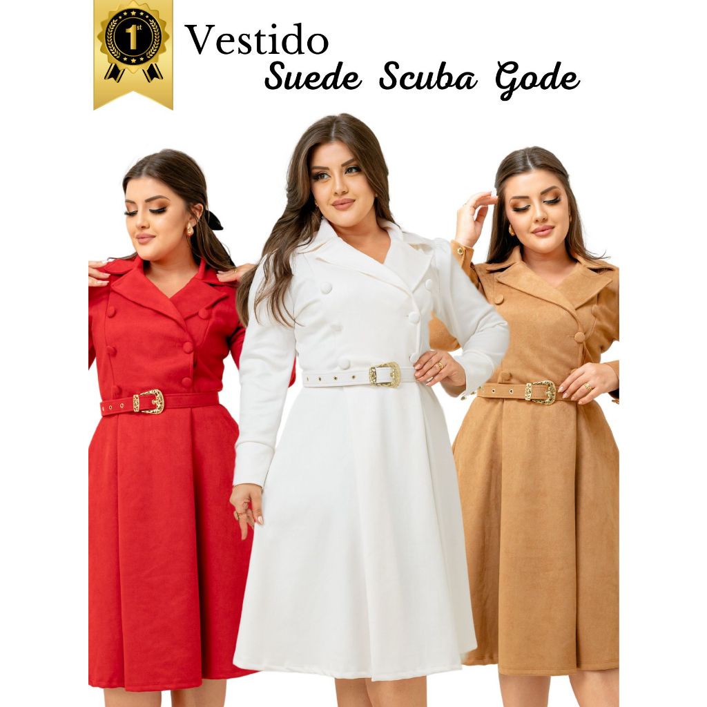 Vestido Godê Suede Scuba Com Cinto Moda Evangelic