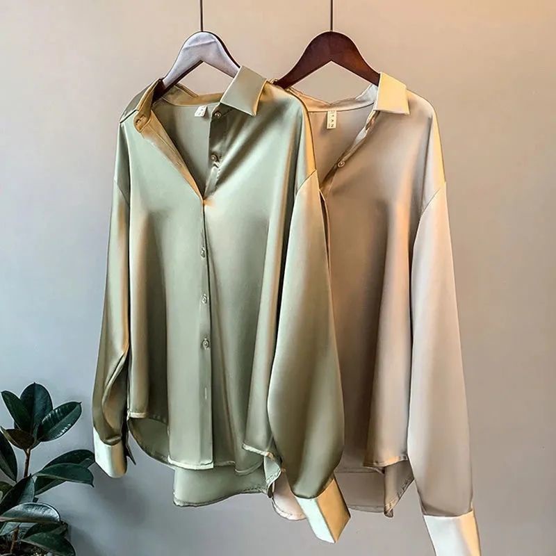 Camisa Feminina De Seda Com Mangas Compridas/Retr