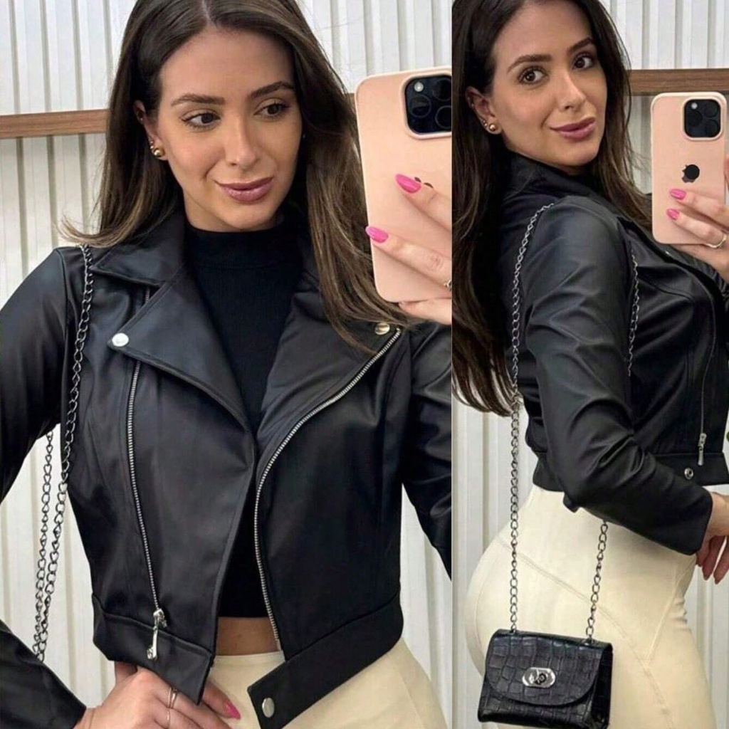 Jaqueta De Couro Feminina Com Ziper Inverno Elegan