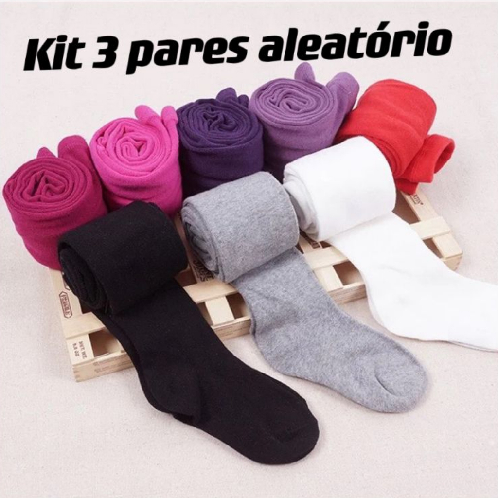 Kit 3 pares Meia Calça Infantil Menina e Menino D