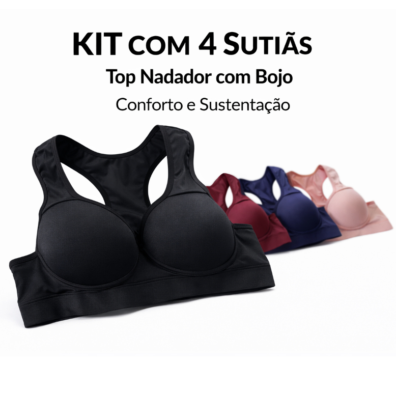 Kit com 4 Sutiãs Top Nadador bojo Lingerie academ