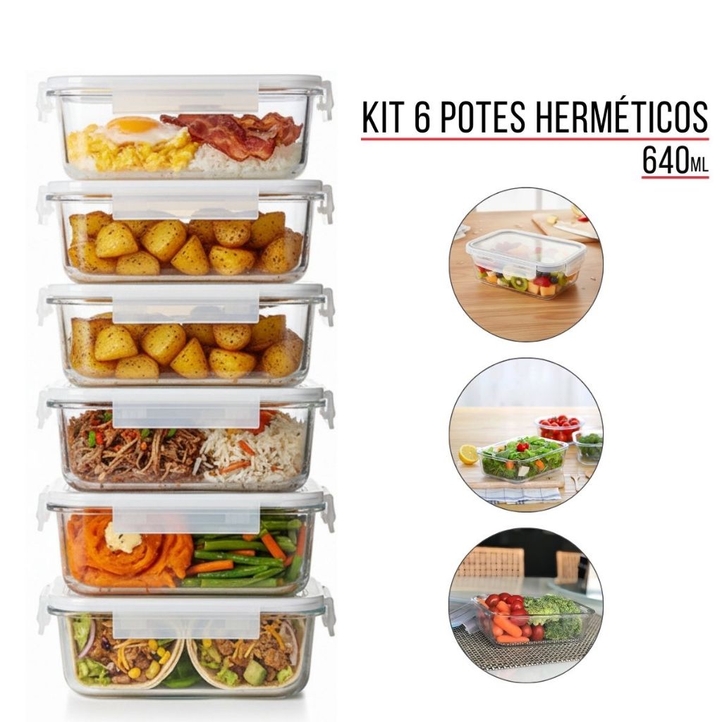 Kit 1, 2 ou 6 Pote Hermético 640ml Vidro Ideal pa