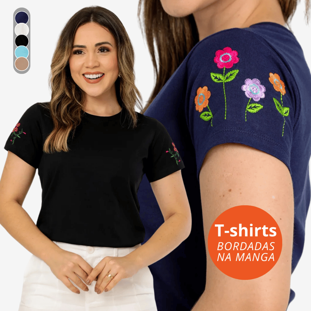 T-shirt Bordada na Manga Camisetas Bordadas Flores