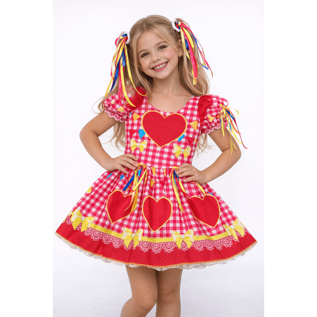VESTIDO CAIPIRA MENINA CORAÇÃO DANÇA QUADRILHA 