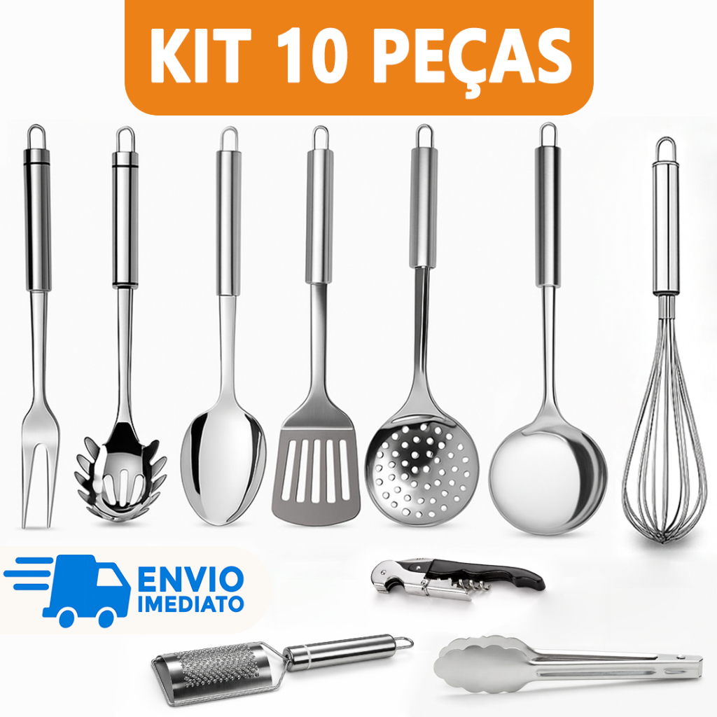 Kit 10 Utensílio para Cozinha Aço Inox Escumadei