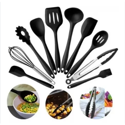 Kit Utensílios De Cozinha Silicone Preto Concha E