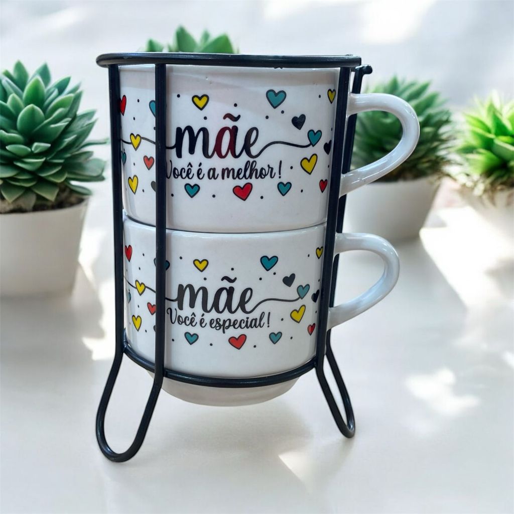 Kit Xícara com 2 Empilhável 200ml Branca Coraç�