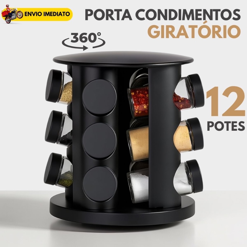 Porta Tempero Giratório 12 Potes de Vidro Preto 3