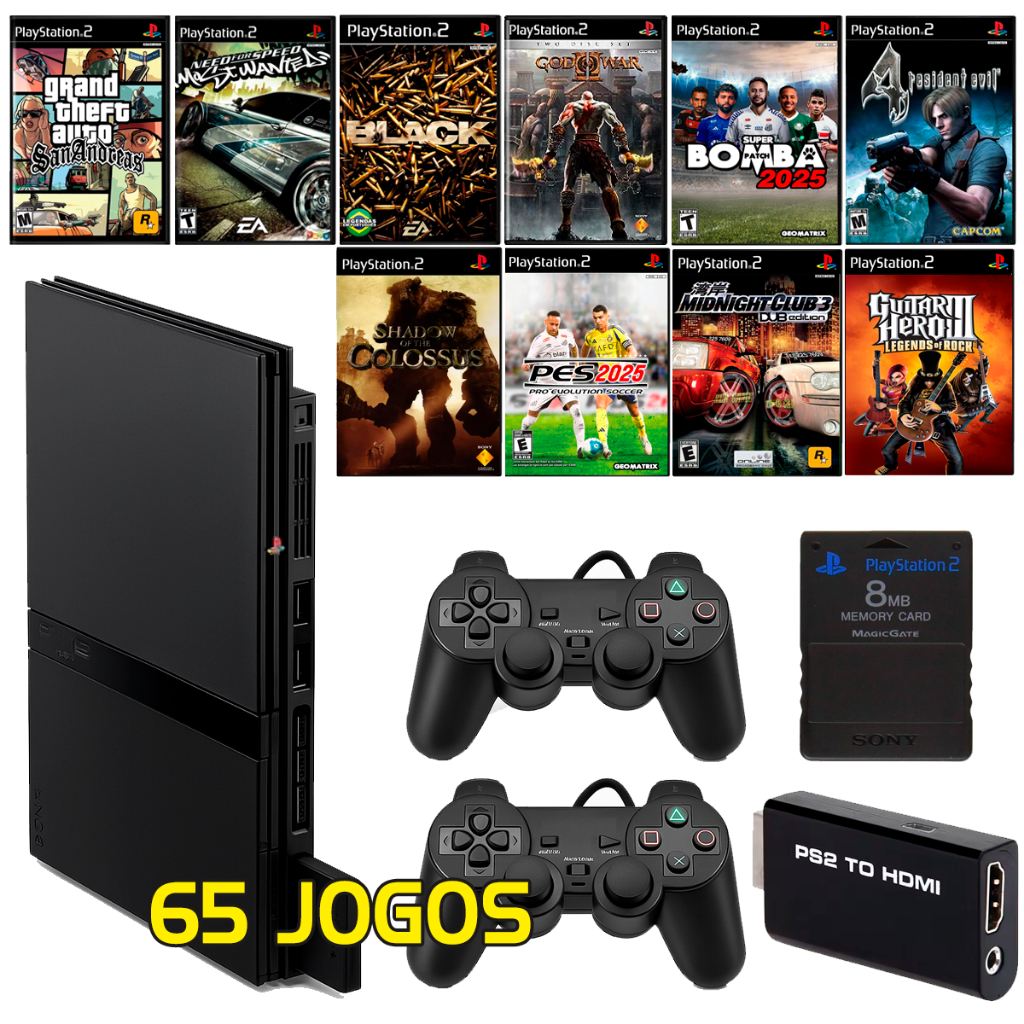 Sony Playstation 2 Slim + 2 Controles + 65 Jogos +