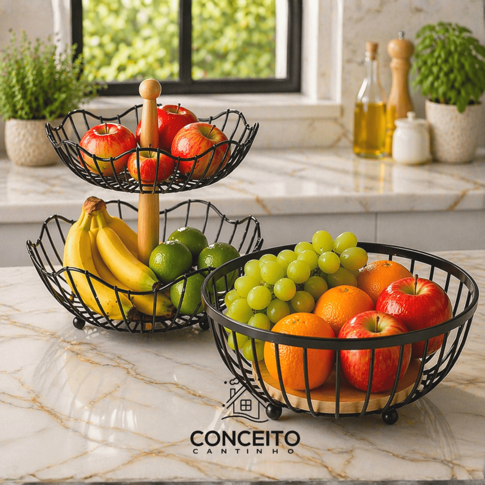 Fruteira de Mesa Rustica de Ferro e Bambu para Caf