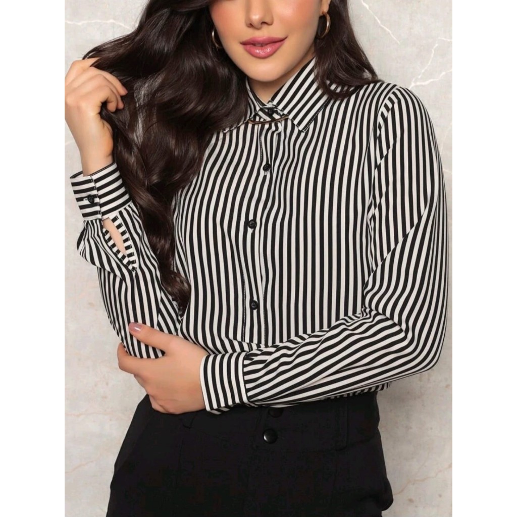 Camisa Social Feminina Risca De Giz Listras Fino T