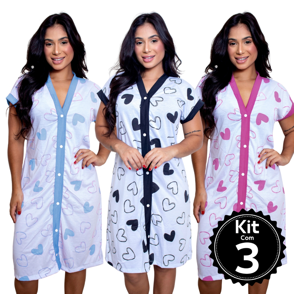 Kit Com 3 Camisola Amamentação Em Malha Pós Cir
