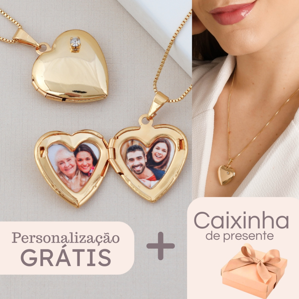 Colar feminino Pingente Relicário Coração com d