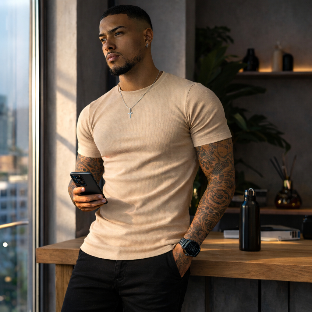 Camiseta Masculina Básica Canelada Casual Elegant