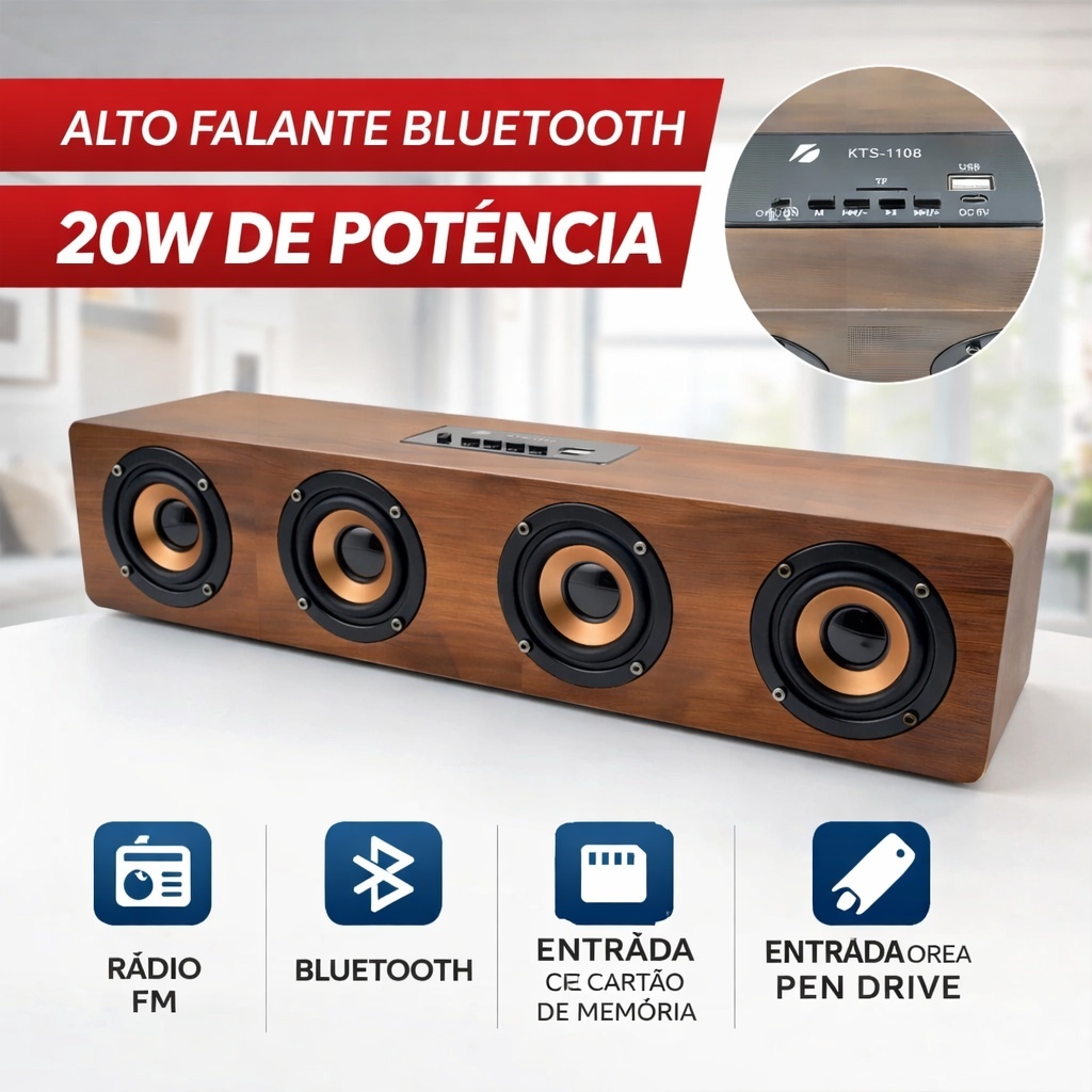 Caixa de Som Bluetooth Retrô Madeira 20W Potente 