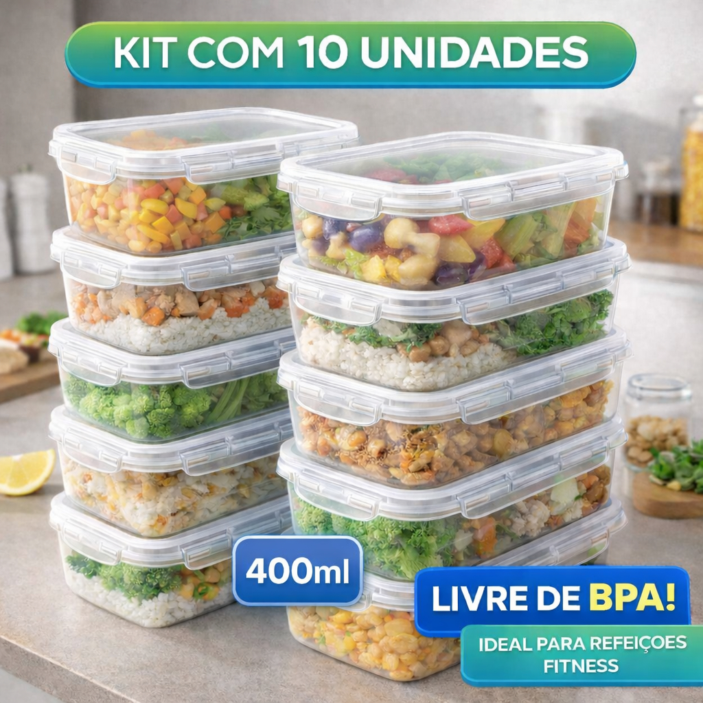 Kit 10 Potes Marmita Fit 400ML Retangular Com Tamp