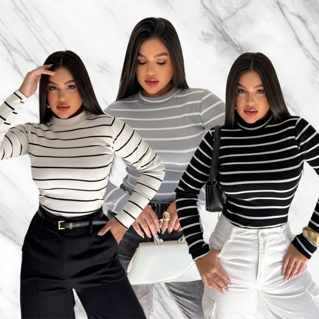 Blusa Manga Longa Gola Alta Feminino Básica Casua