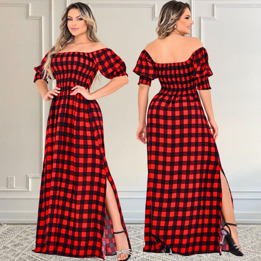 Vestido Longo Xadrez Elegante Moda Verão Festa Bl