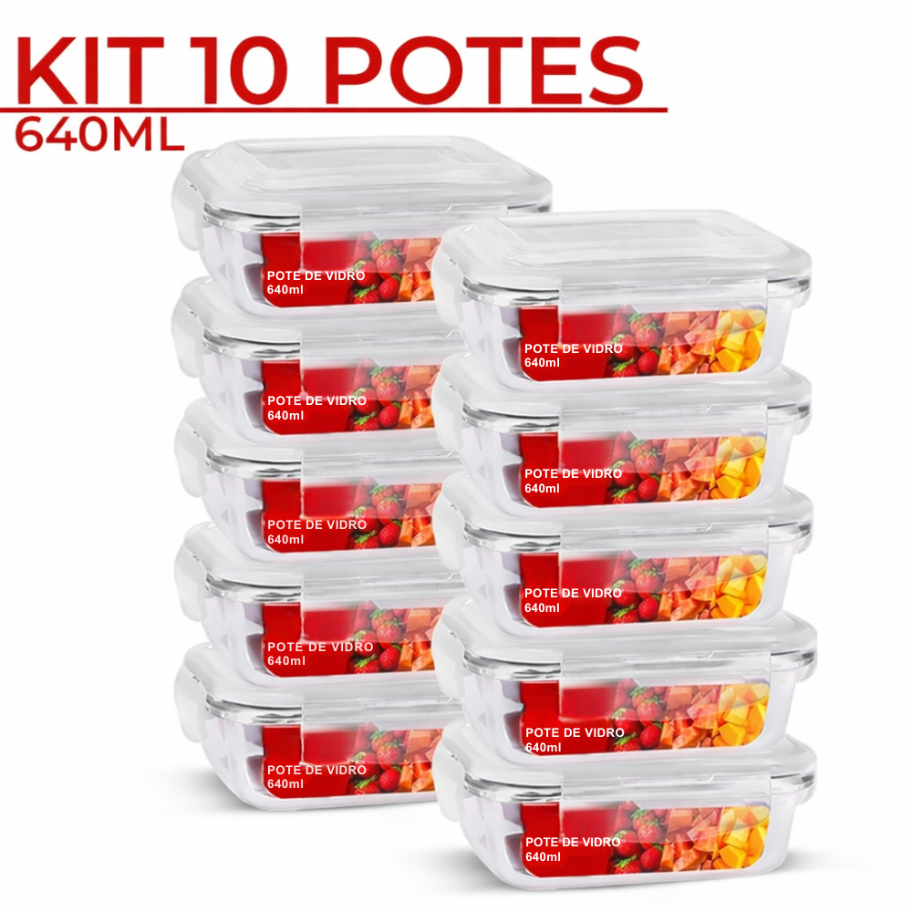 KIT 10 POTES HERMETICOS VIDRO 4 TRAVAS CONJUNTO MA