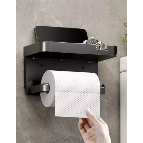 Suporte Plastico Preto Porta Papel Higienico e Sup