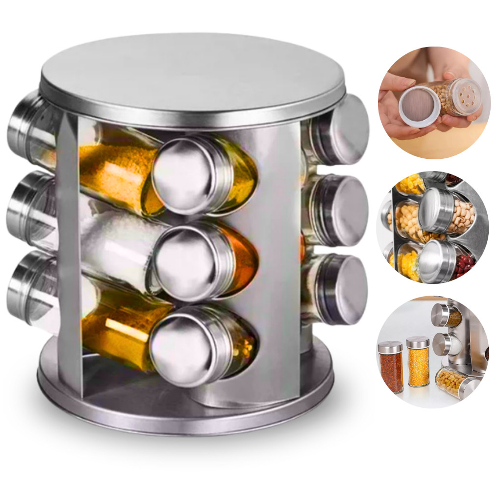 Porta Tempero Condimento Inox Rd 12 Potes + Suport