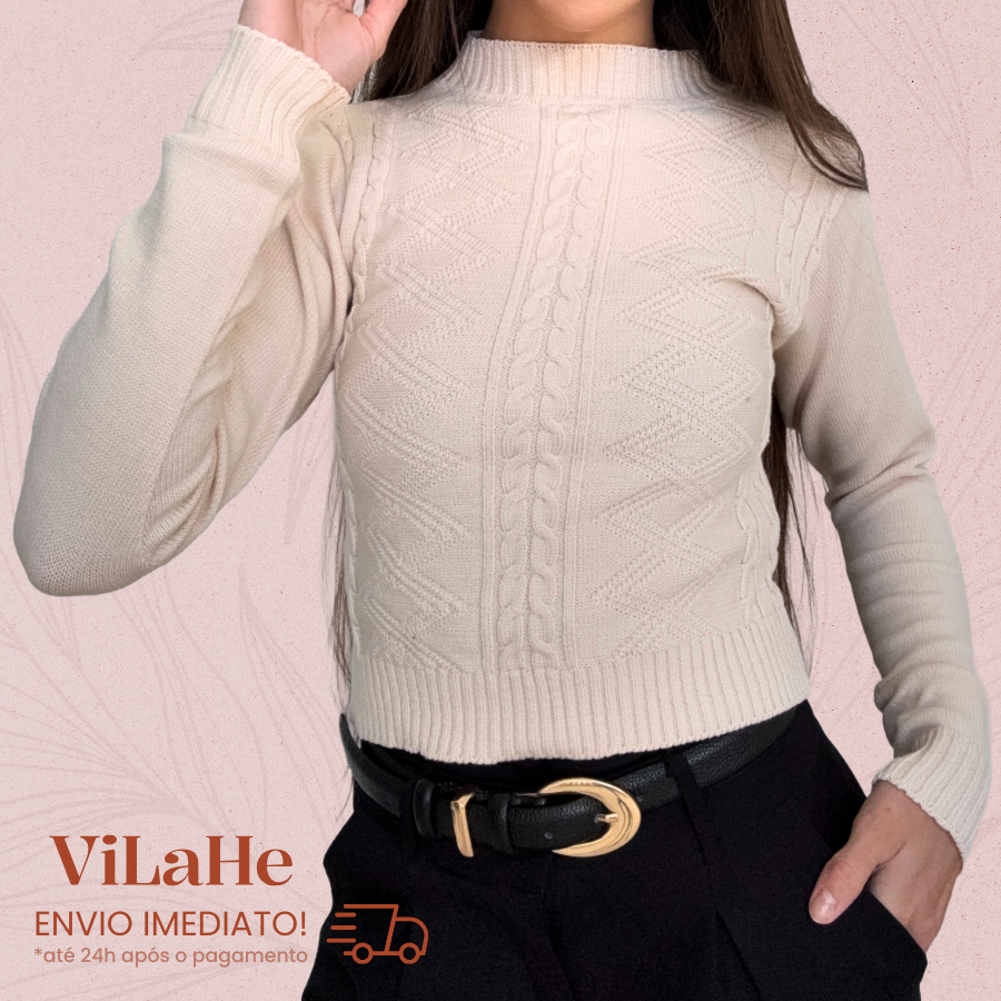 Blusa Tricot Modal Feminina Trança Textura Manga