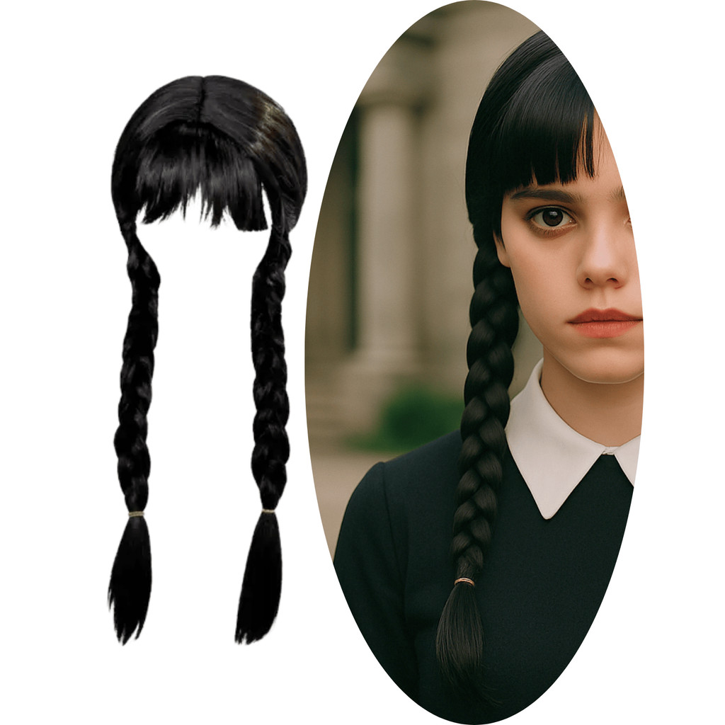 Peruca Preta Trança Franja Wandinha Cosplay Famí