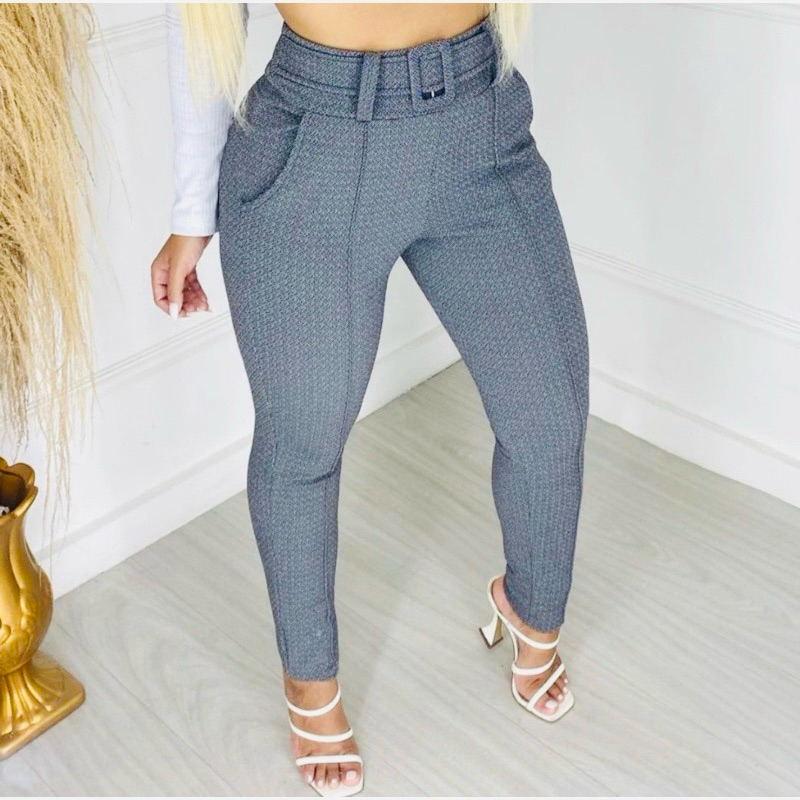 Calça Com Cinto Forrado Fake Malha Crepe Cintura 