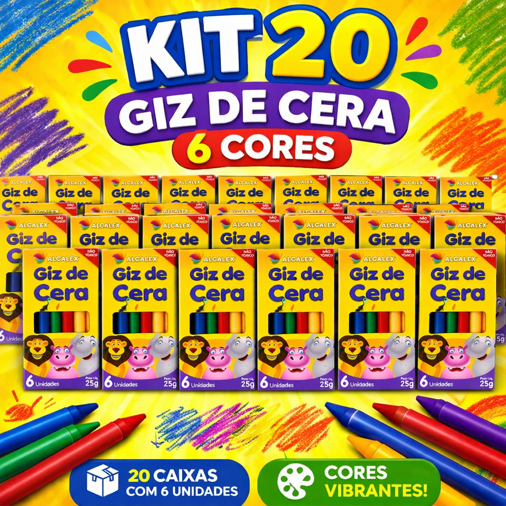 20 Cx Giz de Cera 6 Cores p/ Kit Festa Lembrancinh
